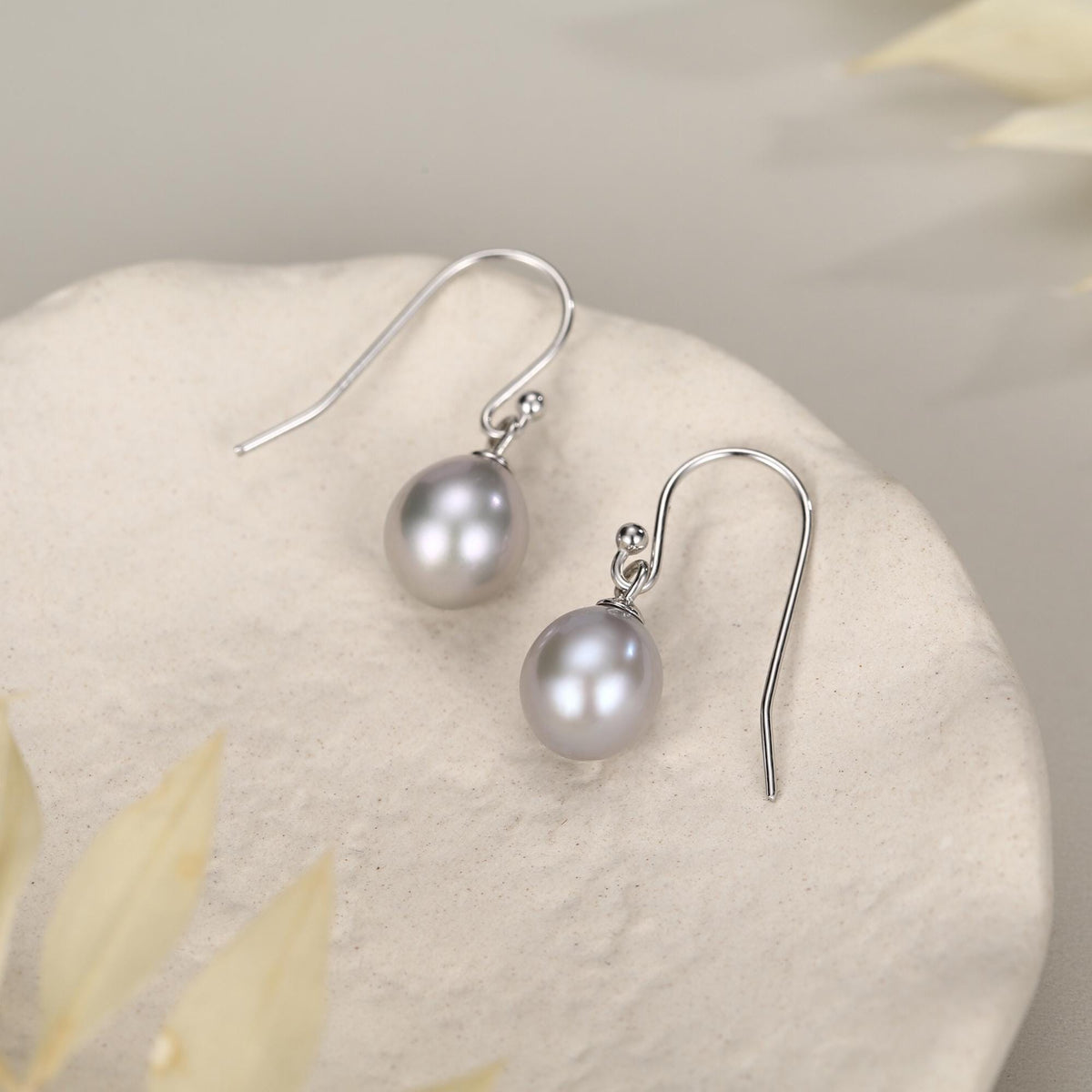 Sterling Silver Grey Pearl Earrings, Natural Freshwater Pearl Drop Hook Earrings in Sterling Silver, Oval Pearl Earrings