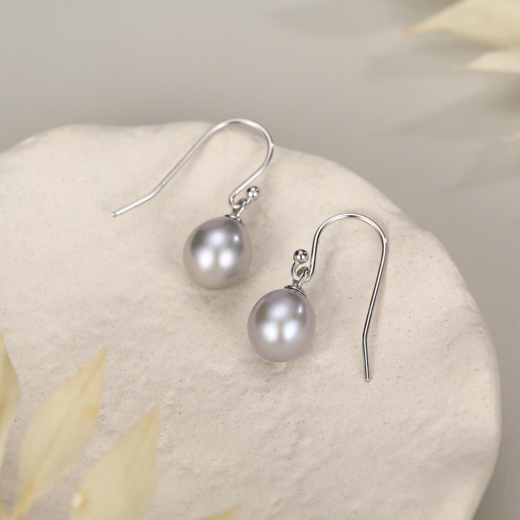 Sterling Silver Grey Pearl Earrings, Natural Freshwater Pearl Drop Hook Earrings in Sterling Silver, Oval Pearl Earrings