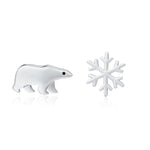 Mismatched Polar Bear and Snowflake Stud Earrings in Sterling Silver, Polar Bear and Snow Earrings, Polar Bear Earrings