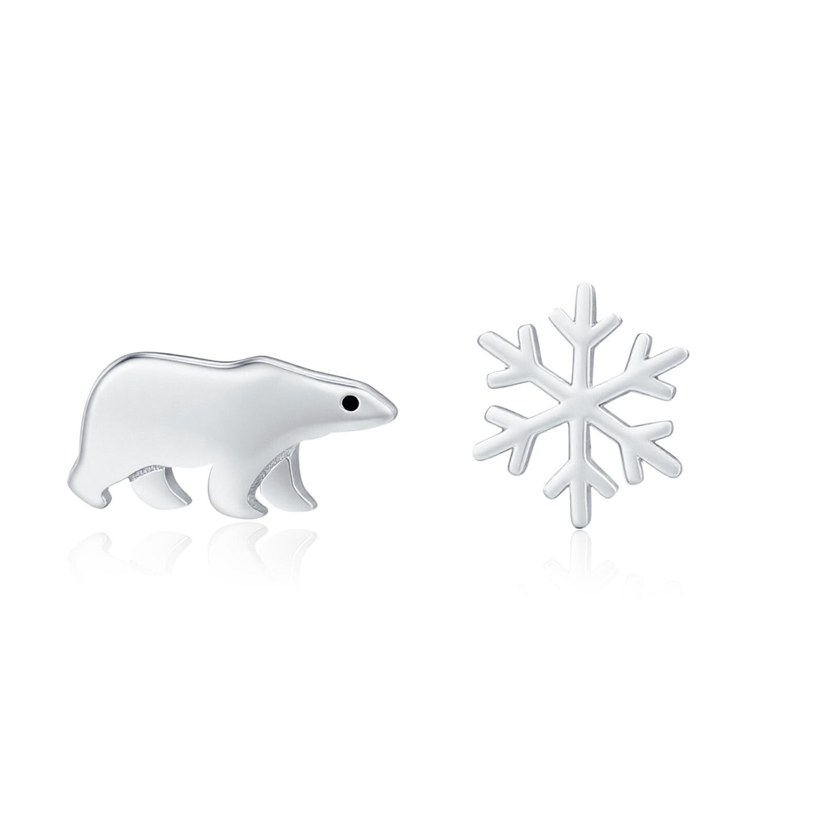 Mismatched Polar Bear and Snowflake Stud Earrings in Sterling Silver, Polar Bear and Snow Earrings, Polar Bear Earrings