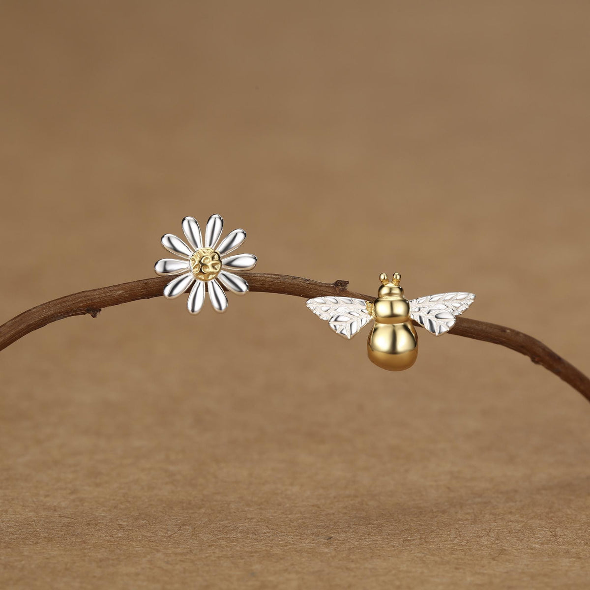 Mismatched Bumble Bee and Daisy Stud Earrings in Sterling Silver, Silver or Gold, Asymmetric Bee and Daisy Flower Earrings, Fun and Quirky