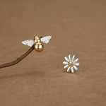 Mismatched Bumble Bee and Daisy Stud Earrings in Sterling Silver, Silver or Gold, Asymmetric Bee and Daisy Flower Earrings, Fun and Quirky