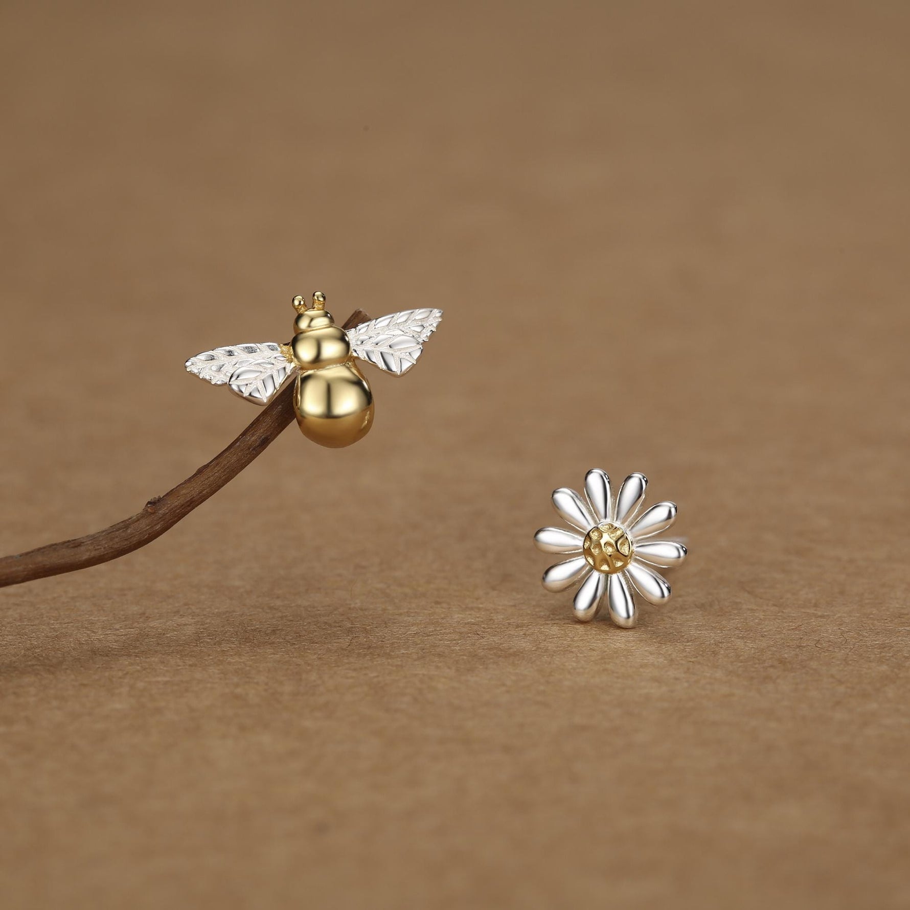 Mismatched Bumble Bee and Daisy Stud Earrings in Sterling Silver, Silver or Gold, Asymmetric Bee and Daisy Flower Earrings, Fun and Quirky