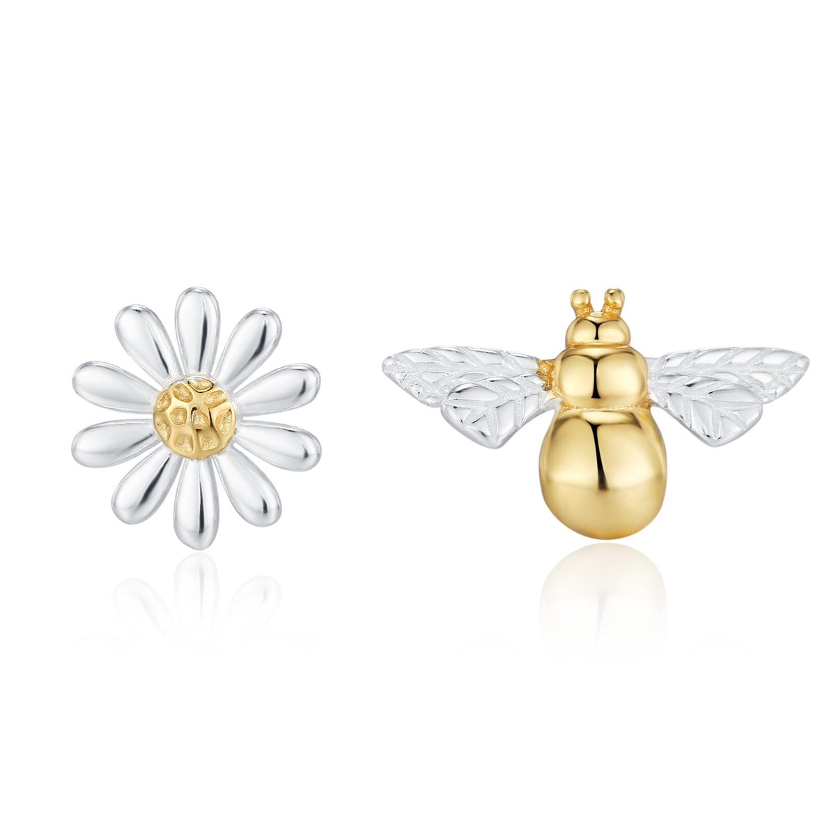 Mismatched Bumble Bee and Daisy Stud Earrings in Sterling Silver, Silver or Gold, Asymmetric Bee and Daisy Flower Earrings, Fun and Quirky