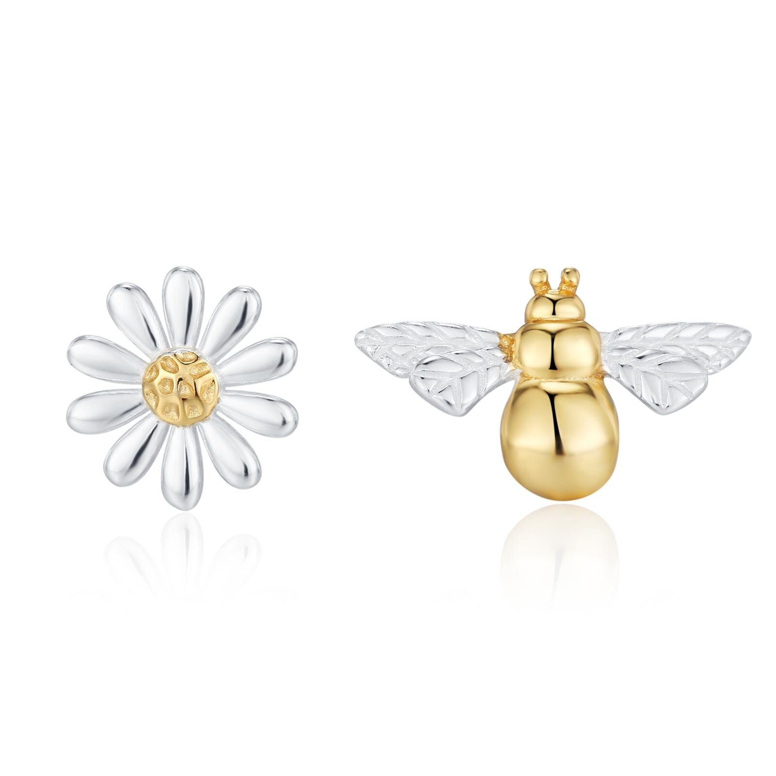 Mismatched Bumble Bee and Daisy Stud Earrings in Sterling Silver, Silver or Gold, Asymmetric Bee and Daisy Flower Earrings, Fun and Quirky