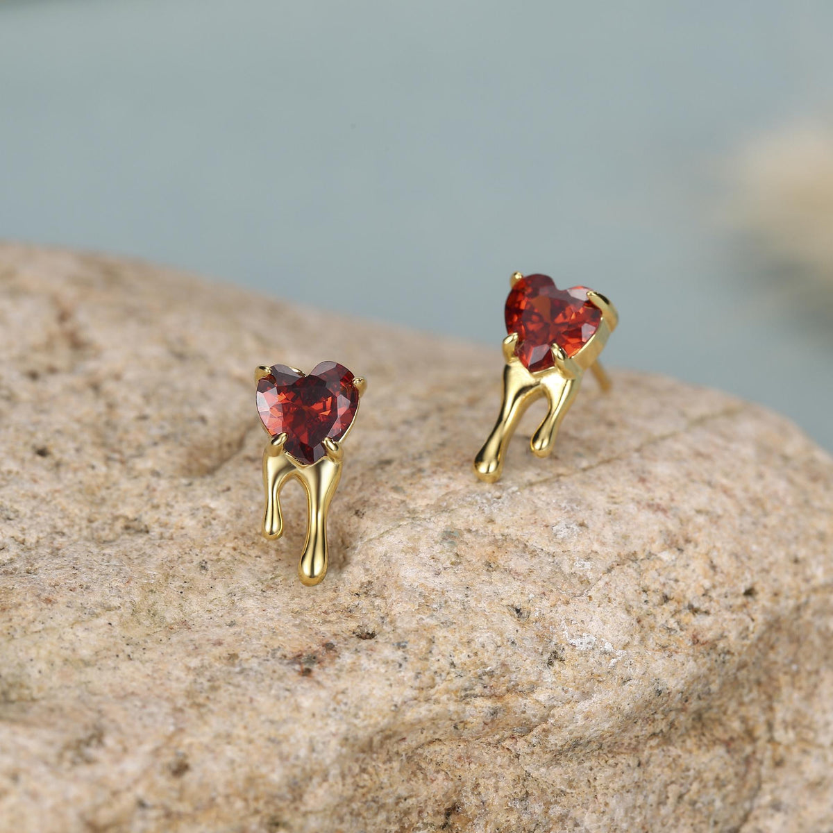 Sterling Silver Bleeding Heart Red CZ Stud Earrings