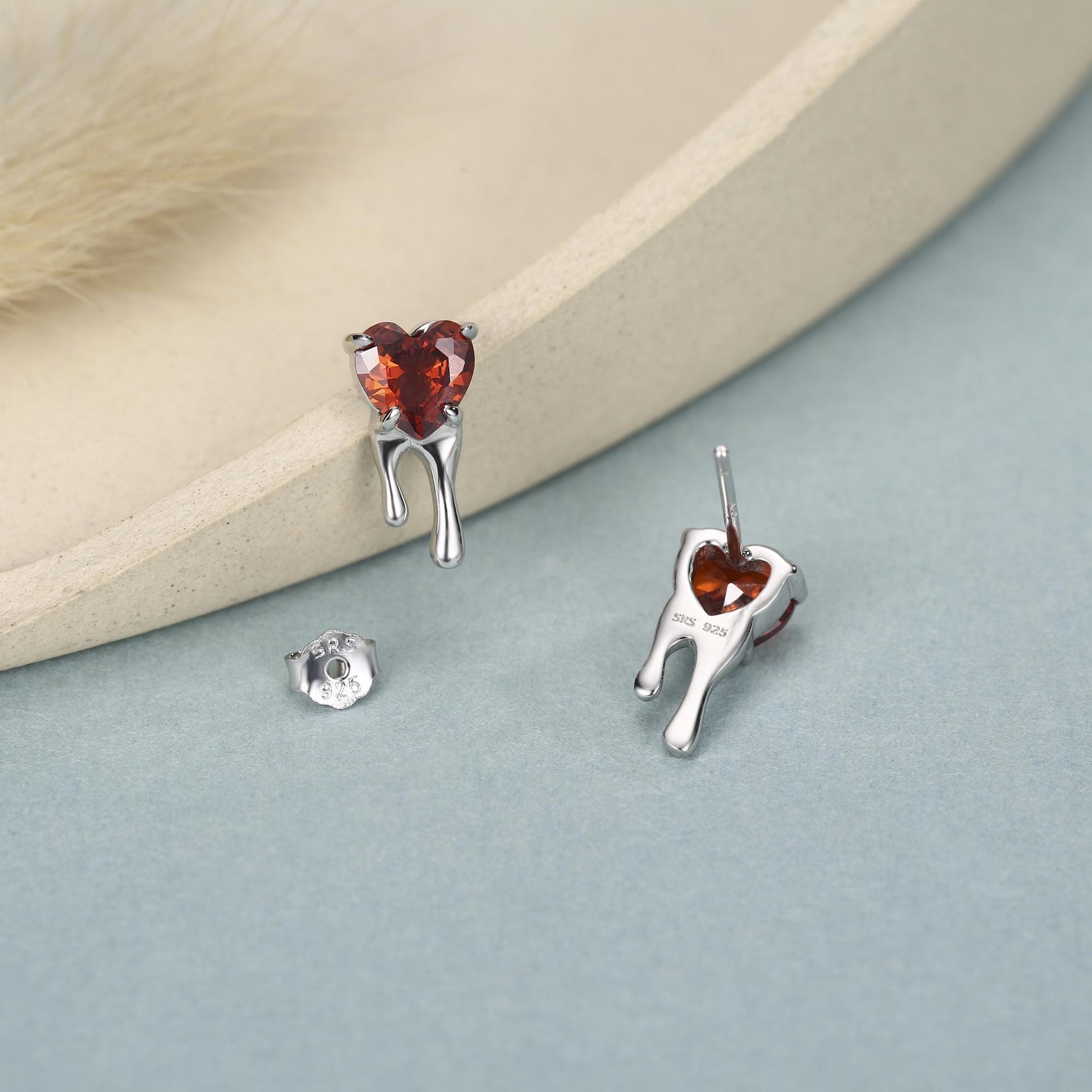 Sterling Silver Bleeding Heart Red CZ Stud Earrings