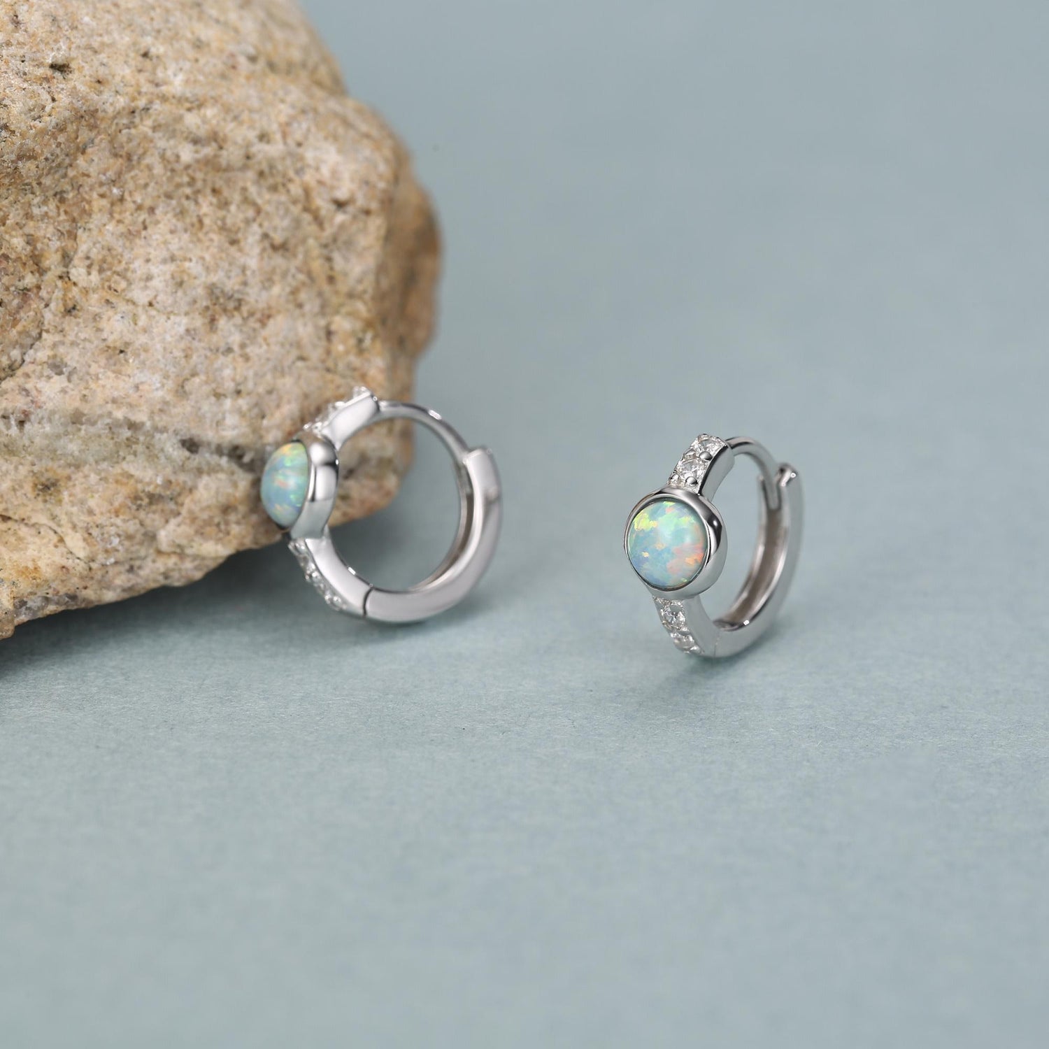 Aqua Green Opal CZ Huggie Hoop Earrings in Sterling Silver, Silver or Gold, Tiny Opal Hoops, Opal Hoops, Single Opal Hoops