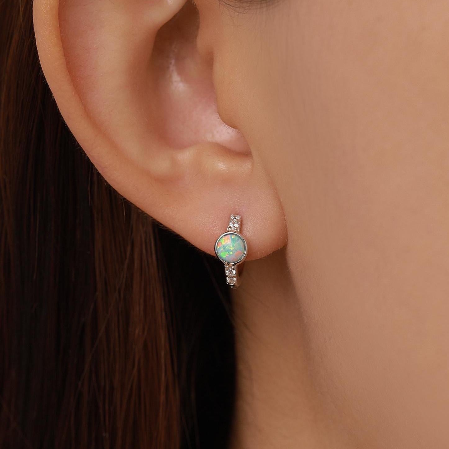 Aqua Green Opal CZ Huggie Hoop Earrings in Sterling Silver, Silver or Gold, Tiny Opal Hoops, Opal Hoops, Single Opal Hoops