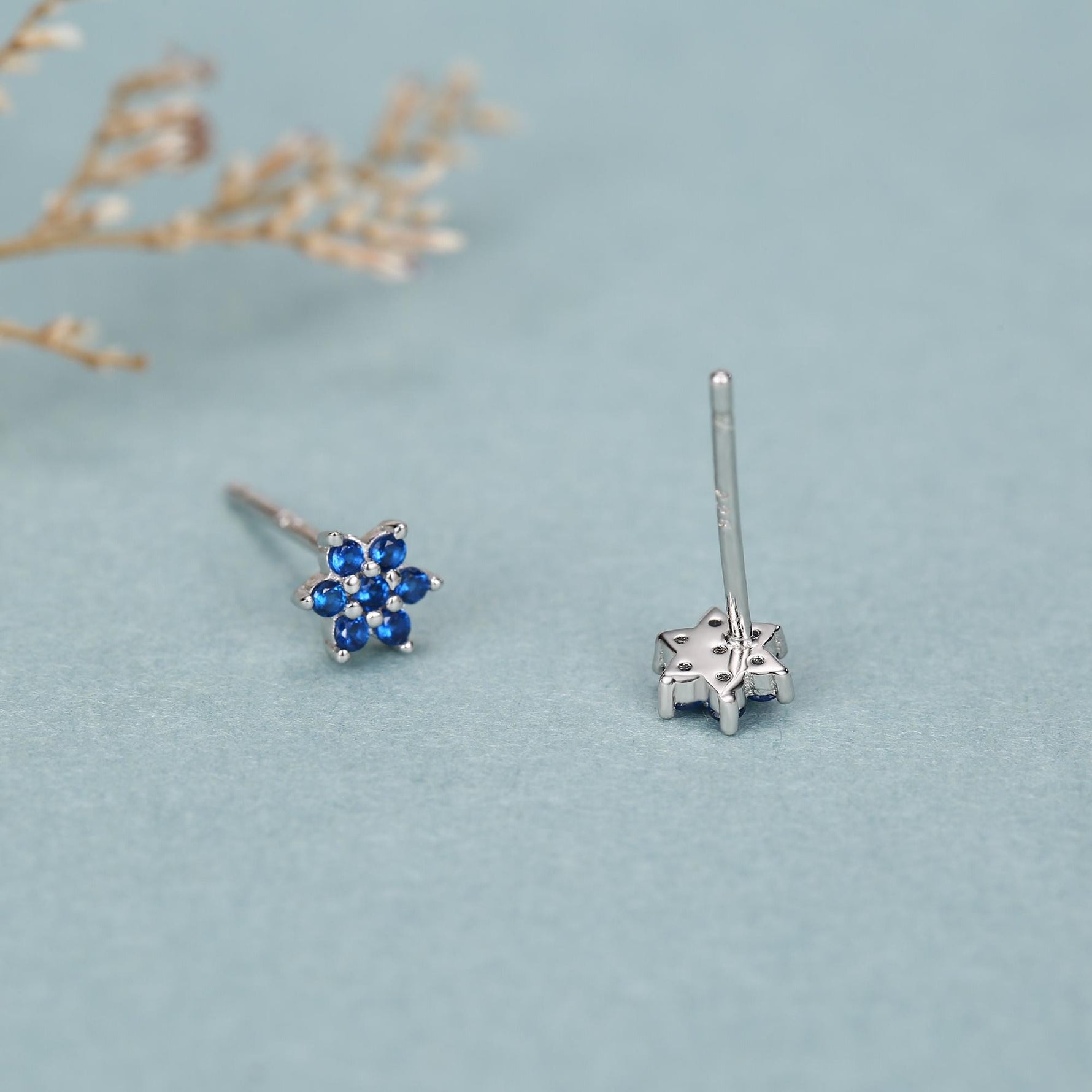 Sterling Silver Sapphire Blue CZ Flower Stud Earrings