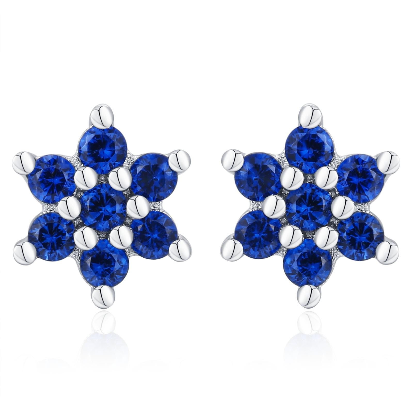 Sterling Silver Sapphire Blue CZ Flower Stud Earrings