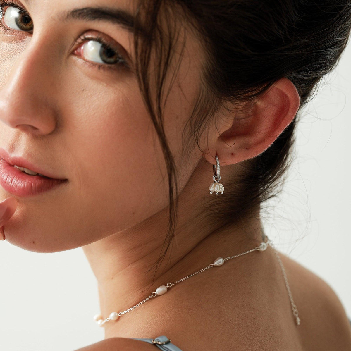 Natural Oval Pearl Trio CZ Huggie Hoop Earrings in Sterling Silver, Silver or Gold, Pearl Cluster Dangle Earrings, Genuine Freshwater Pearls