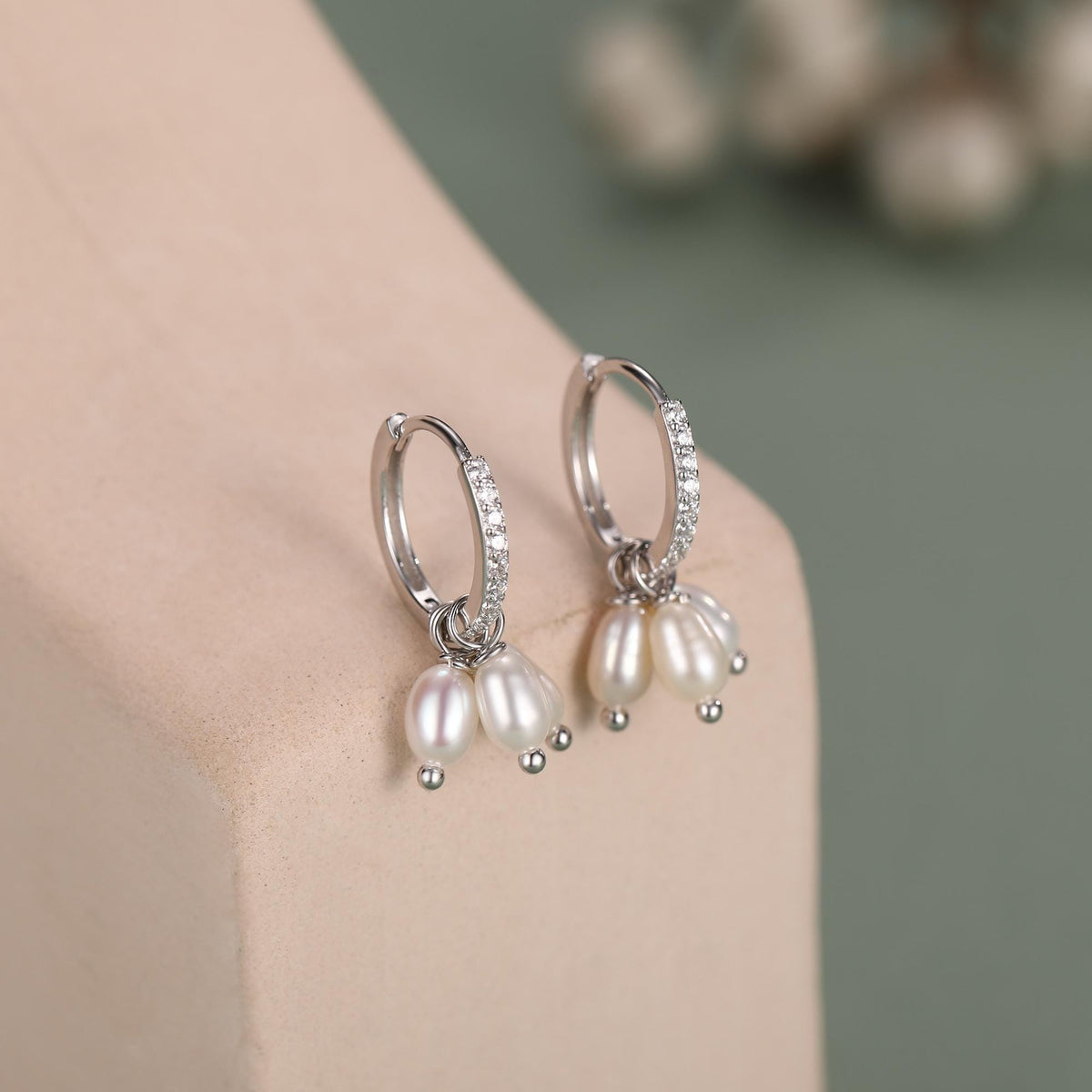 Natural Oval Pearl Trio CZ Huggie Hoop Earrings in Sterling Silver, Silver or Gold, Pearl Cluster Dangle Earrings, Genuine Freshwater Pearls