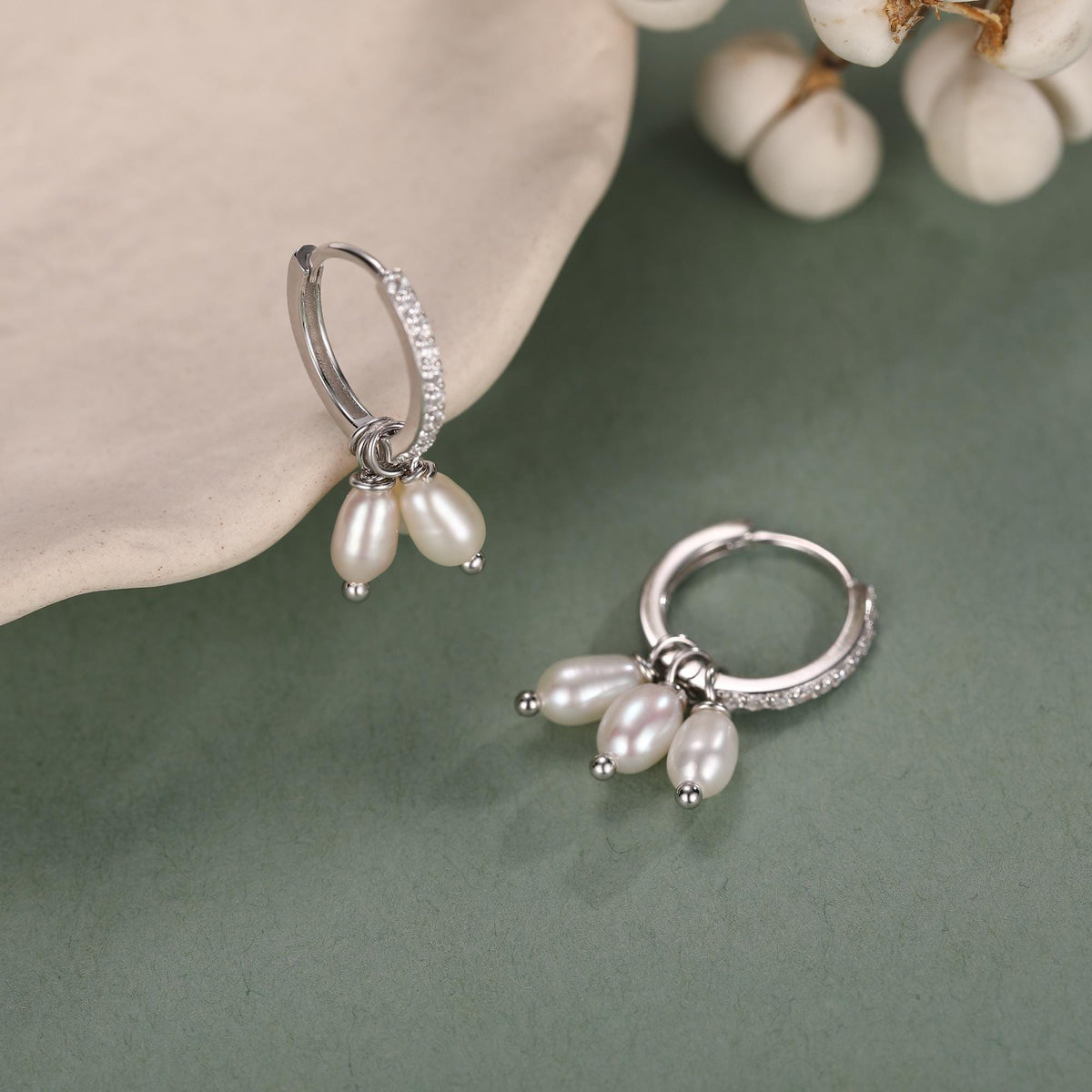 Natural Oval Pearl Trio CZ Huggie Hoop Earrings in Sterling Silver, Silver or Gold, Pearl Cluster Dangle Earrings, Genuine Freshwater Pearls