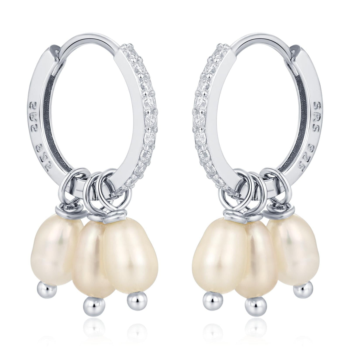 Natural Oval Pearl Trio CZ Huggie Hoop Earrings in Sterling Silver, Silver or Gold, Pearl Cluster Dangle Earrings, Genuine Freshwater Pearls