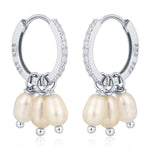 Natural Oval Pearl Trio CZ Huggie Hoop Earrings in Sterling Silver, Silver or Gold, Pearl Cluster Dangle Earrings, Genuine Freshwater Pearls