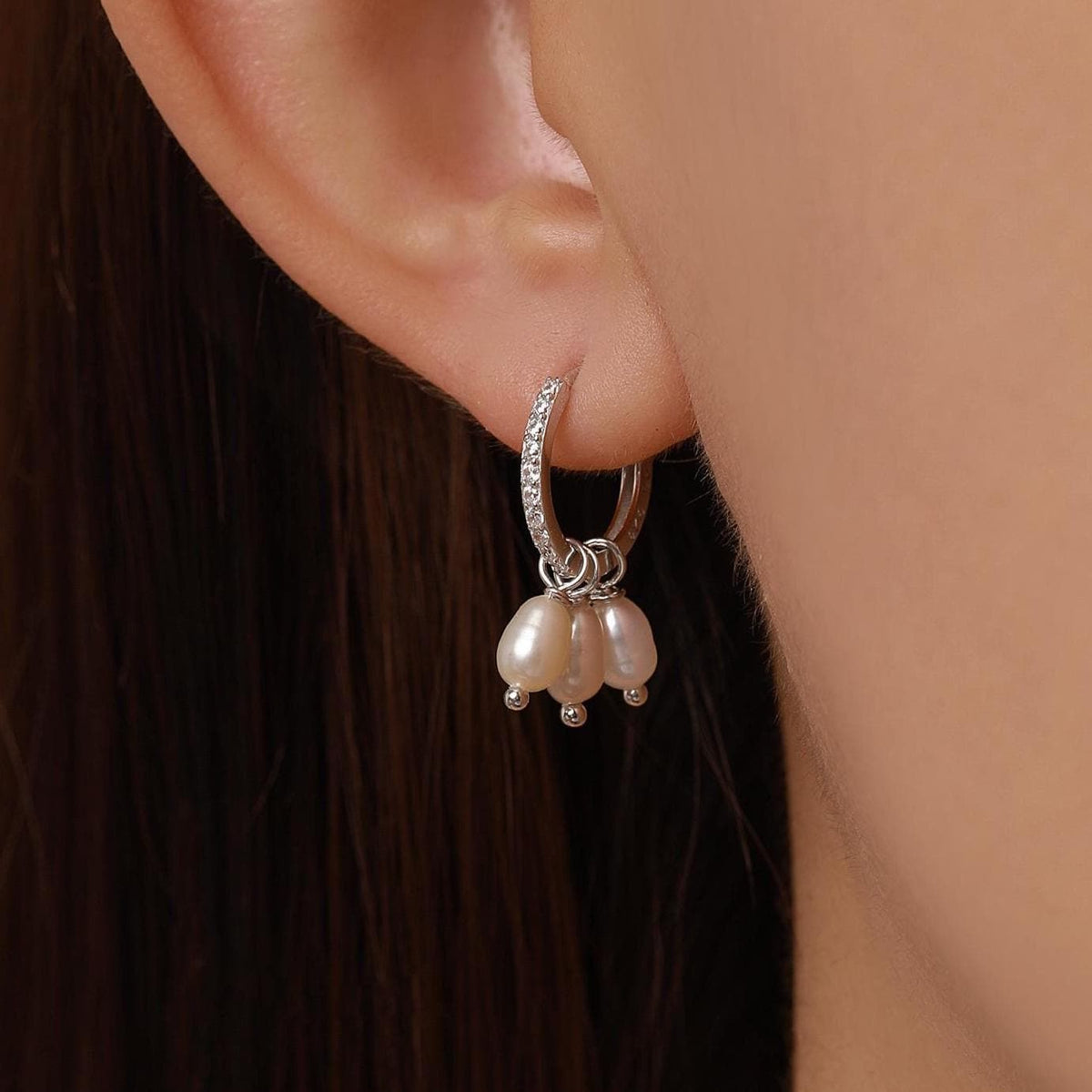 Natural Oval Pearl Trio CZ Huggie Hoop Earrings in Sterling Silver, Silver or Gold, Pearl Cluster Dangle Earrings, Genuine Freshwater Pearls