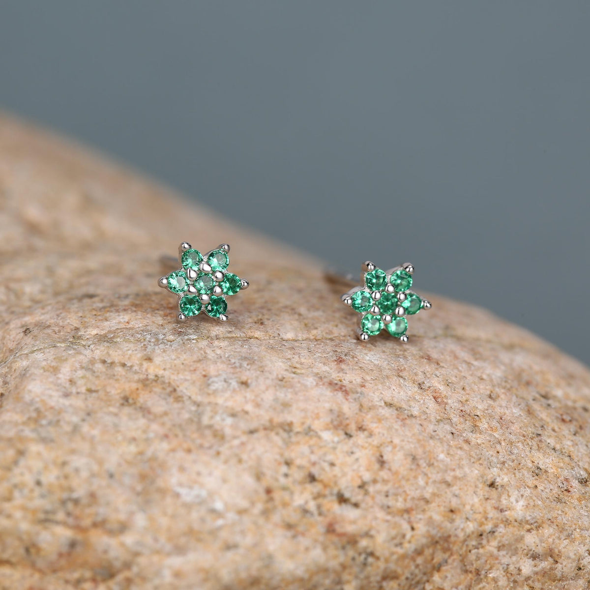 Pair of Very Tiny Emerald Green CZ Flower Stud Earrings in Sterling Silver, Silver or Gold, Crystal Flower Earrings, Stacking Earrings