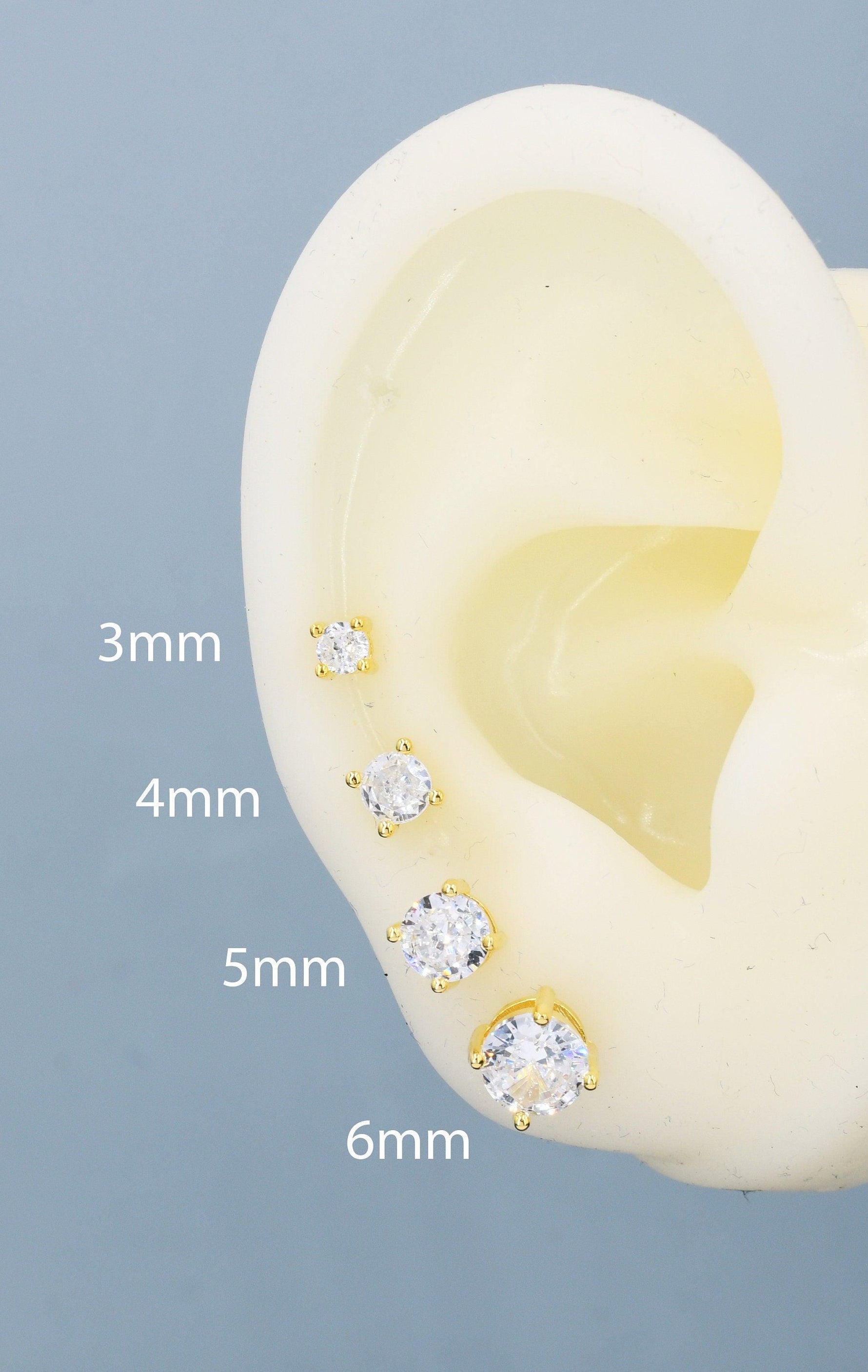 CZ Stud Earrings in Sterling Silver, Available in 3mm, 4mm, 5mm 6mm, Brilliant Cut CZ Earrings, Four Prong Set