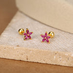 Sterling Silver Ruby Pink CZ Flower Barbell Earrings, Gold or Silver, Marquise CZ Screw Back Earrings, Stacking Earrings