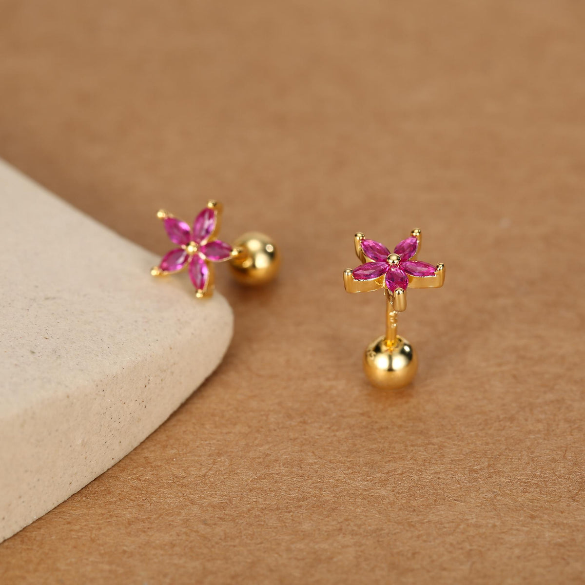Sterling Silver Ruby Pink CZ Flower Barbell Earrings, Gold or Silver, Marquise CZ Screw Back Earrings, Stacking Earrings