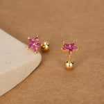 Sterling Silver Ruby Pink CZ Flower Barbell Earrings, Gold or Silver, Marquise CZ Screw Back Earrings, Stacking Earrings
