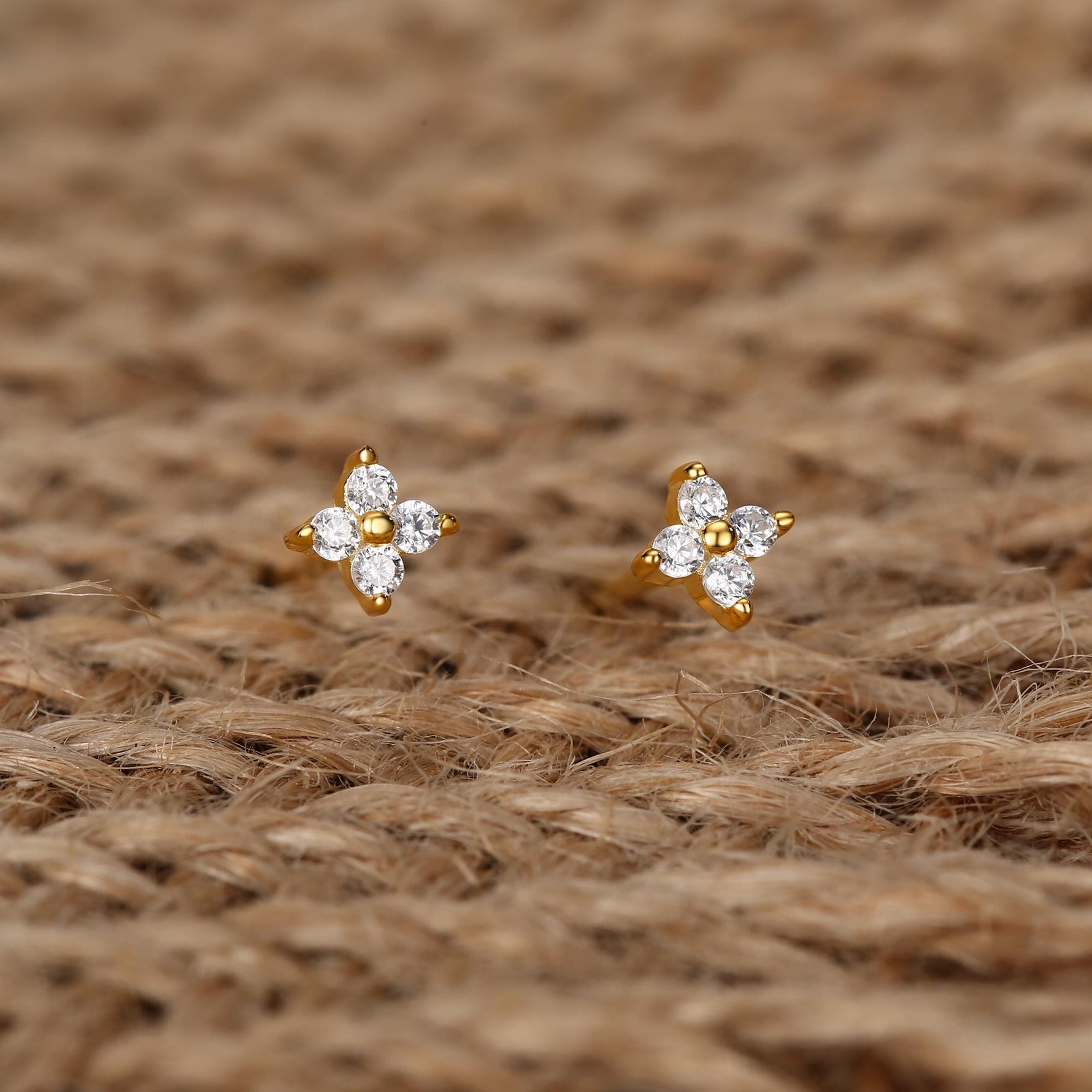 Very Tiny Hydrangea Flower Inspired Stud Earrings in Sterling Silver with Sparkly CZ Crystals, Simple and Minimalist
