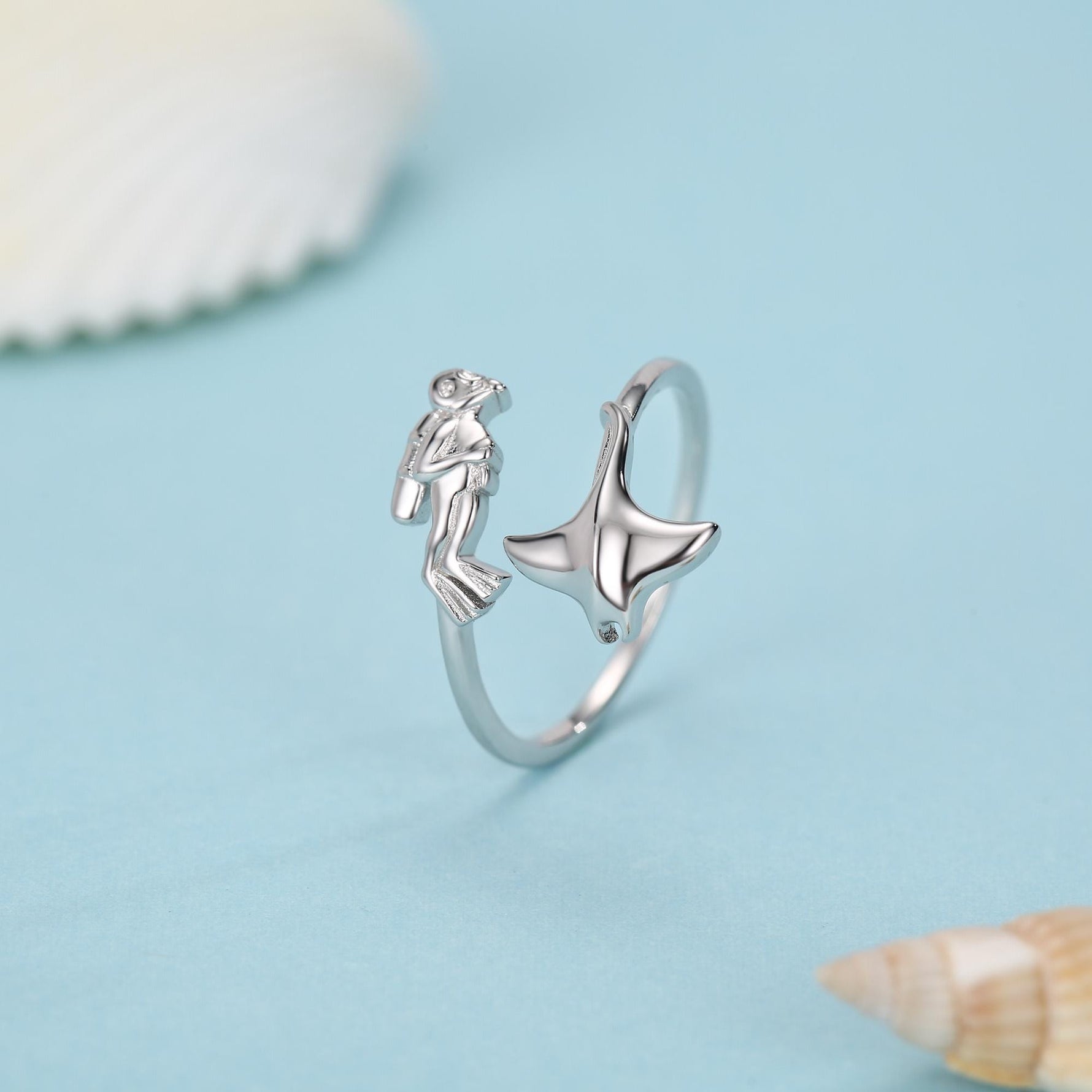 Sterling Silver Scuba Diver and Manta Ray Adjustable Ring