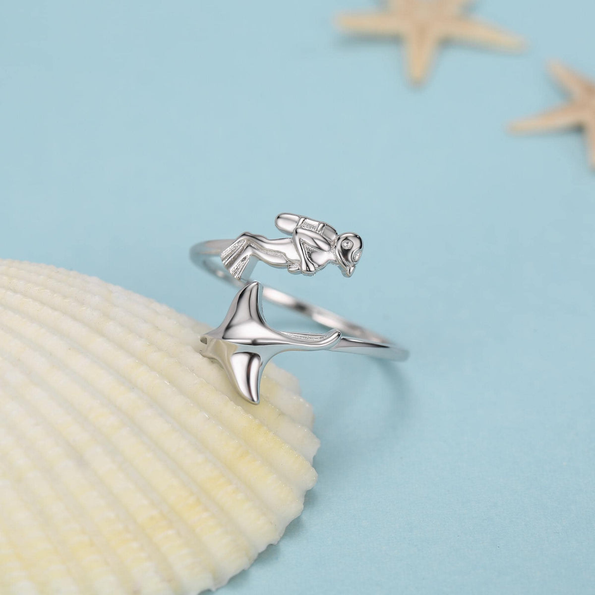 Sterling Silver Scuba Diver and Manta Ray Adjustable Ring