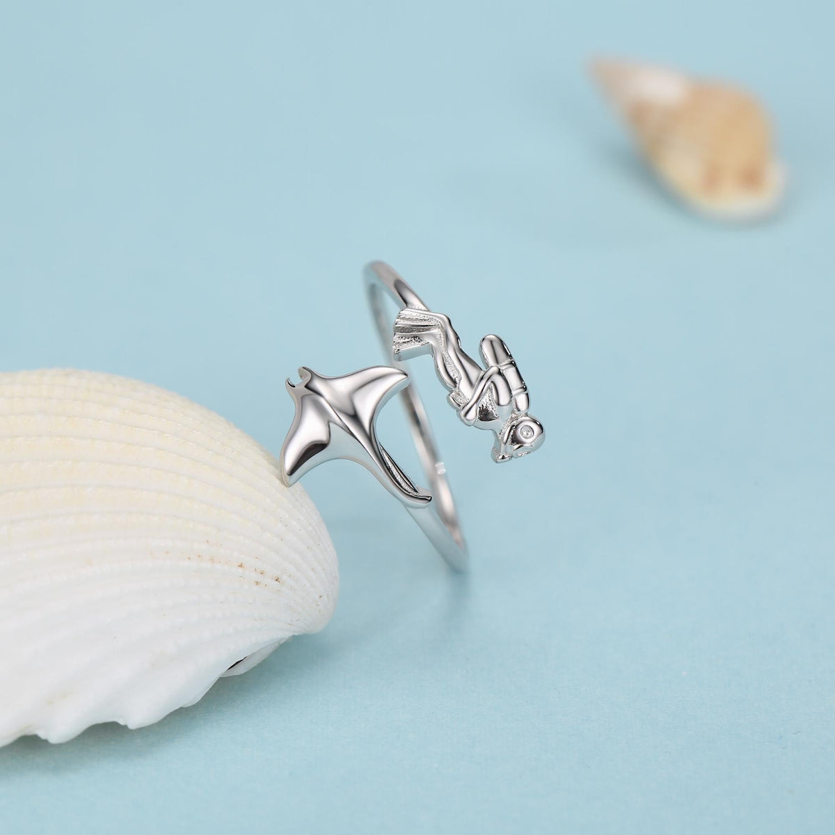 Sterling Silver Scuba Diver and Manta Ray Adjustable Ring