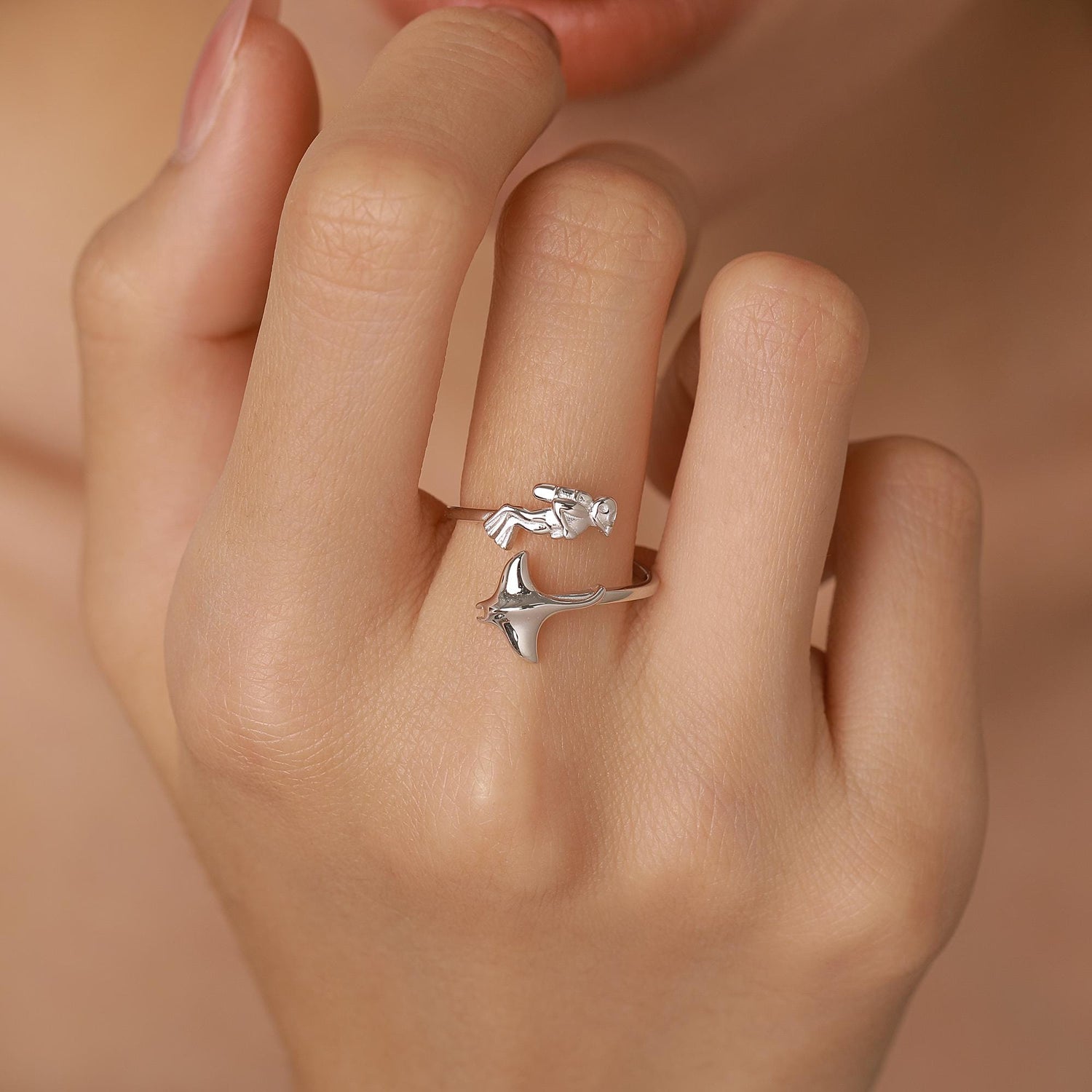 Sterling Silver Scuba Diver and Manta Ray Adjustable Ring