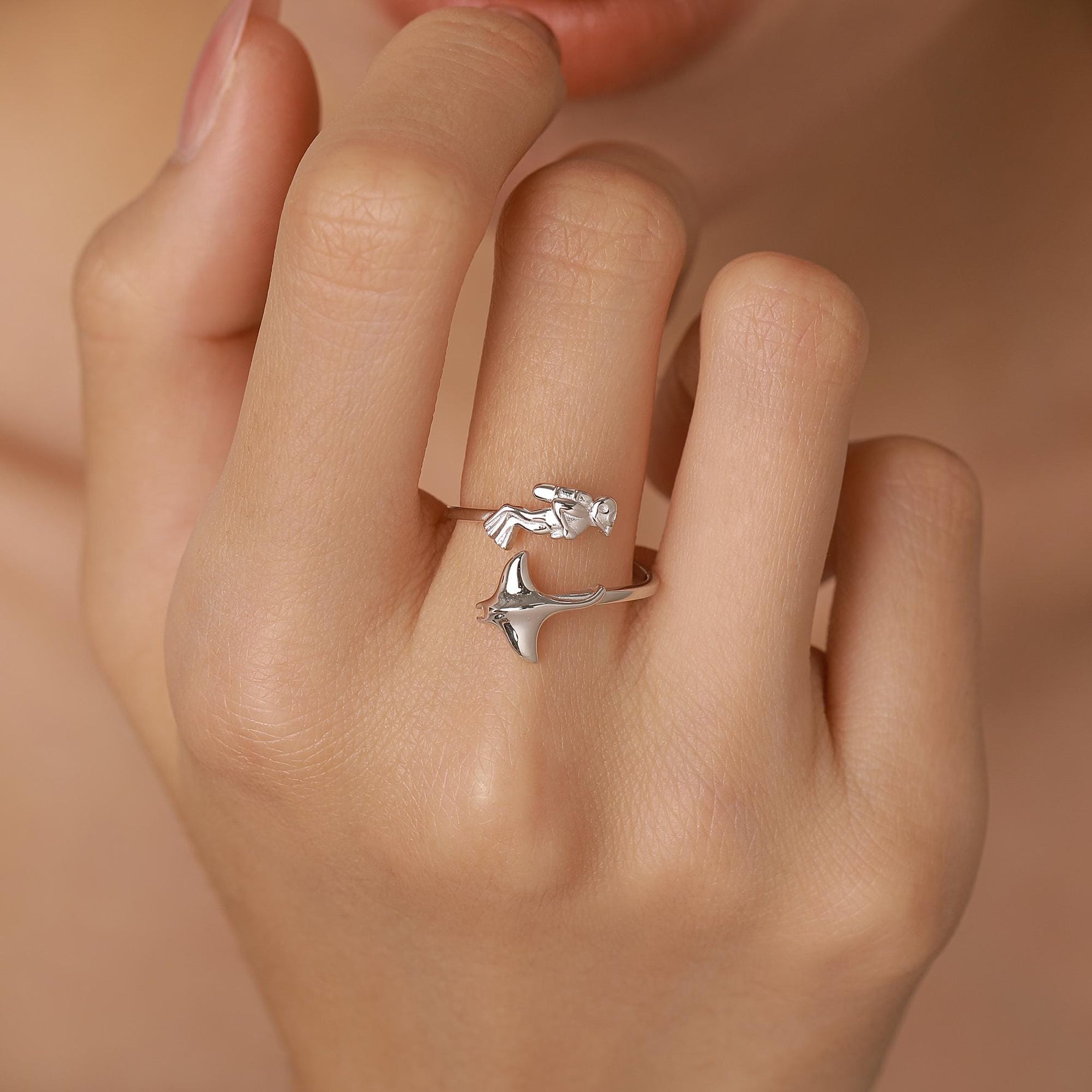 Sterling Silver Scuba Diver and Manta Ray Adjustable Ring