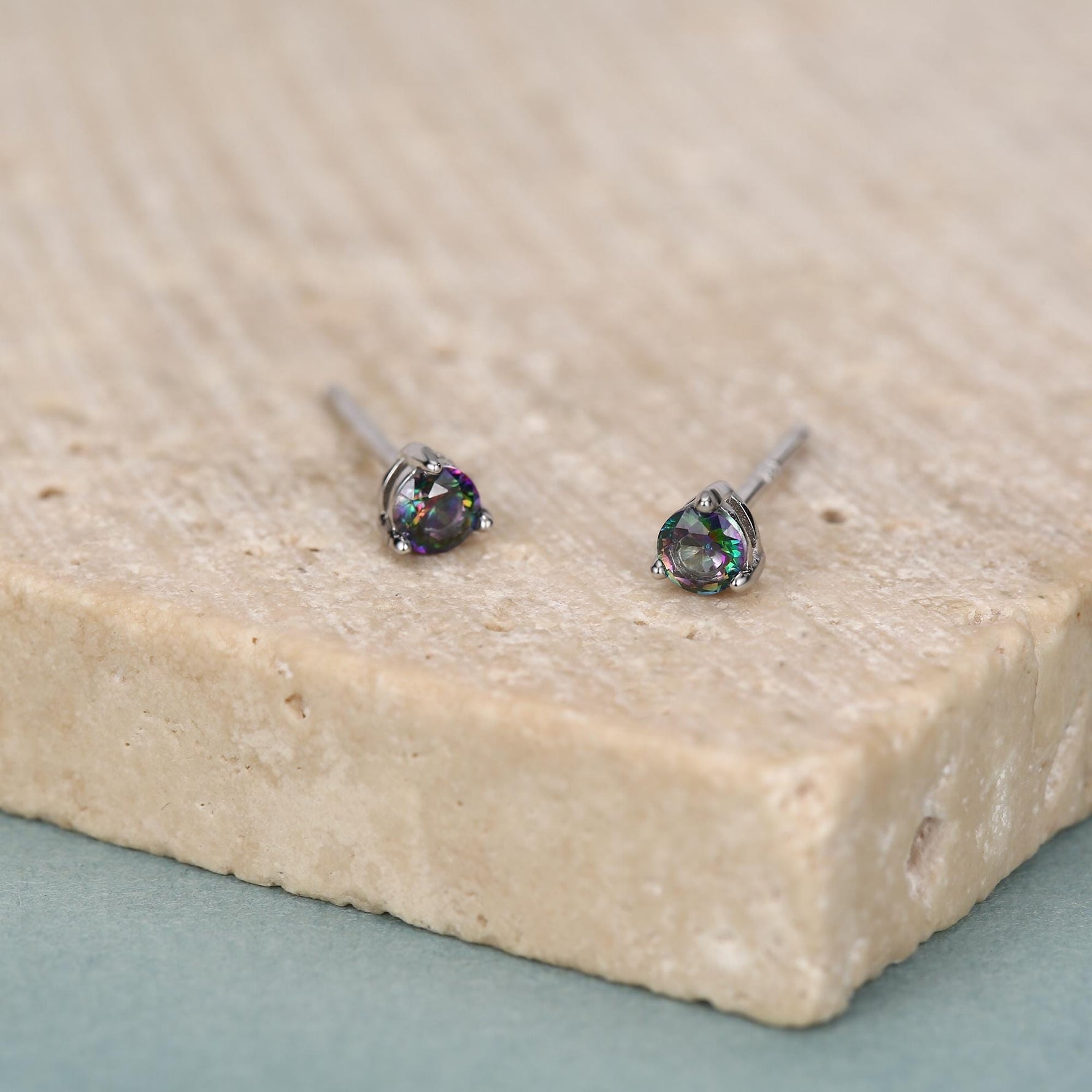 Sterling Silver 3mm Mystic Black Stud Earrings, Pear Cut Aurora Black Earrings, Mystic Topaz Birthstone CZ Earrings
