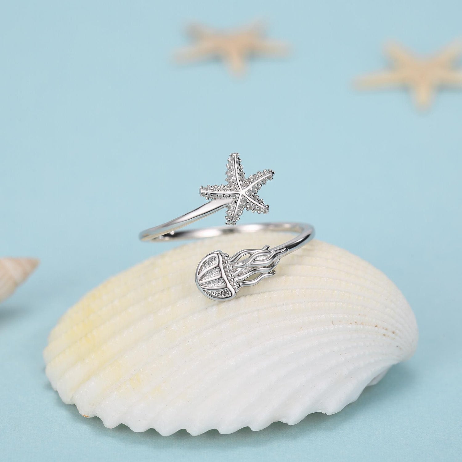 Sterling Silver Starfish and Jellyfish Open Ring