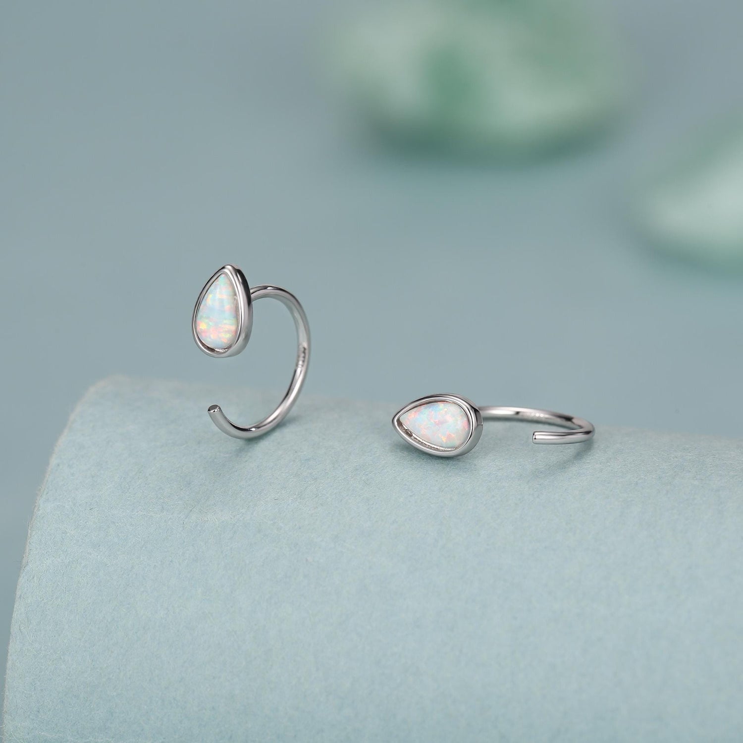 White Opal Droplet Opal Huggie Hoop Earrings in Sterling Silver, Opal Open Hoops, Opal Pull Through Threaders, Half Hoops, C Shape Hoops
