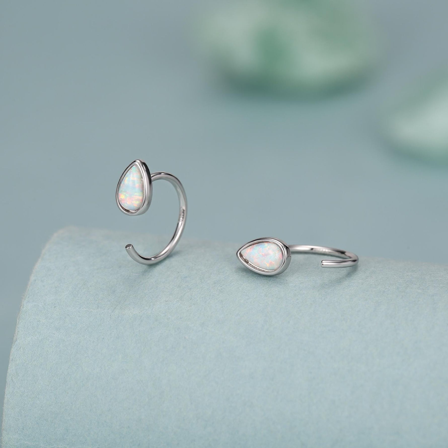 White Opal Droplet Opal Huggie Hoop Earrings in Sterling Silver, Opal Open Hoops, Opal Pull Through Threaders, Half Hoops, C Shape Hoops