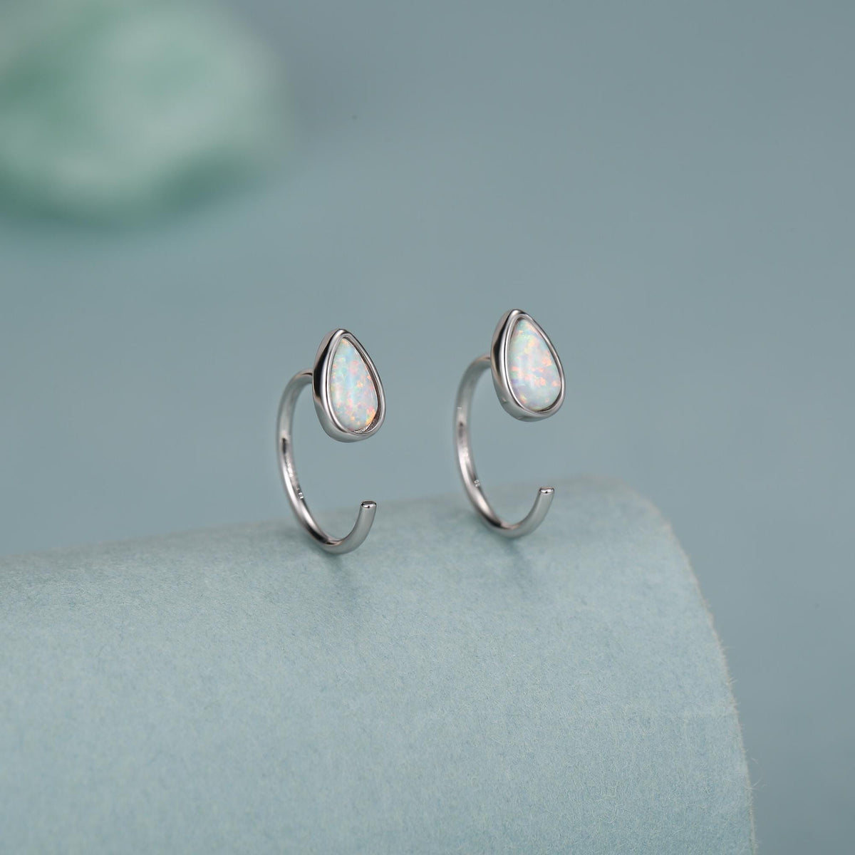 White Opal Droplet Opal Huggie Hoop Earrings in Sterling Silver, Opal Open Hoops, Opal Pull Through Threaders, Half Hoops, C Shape Hoops