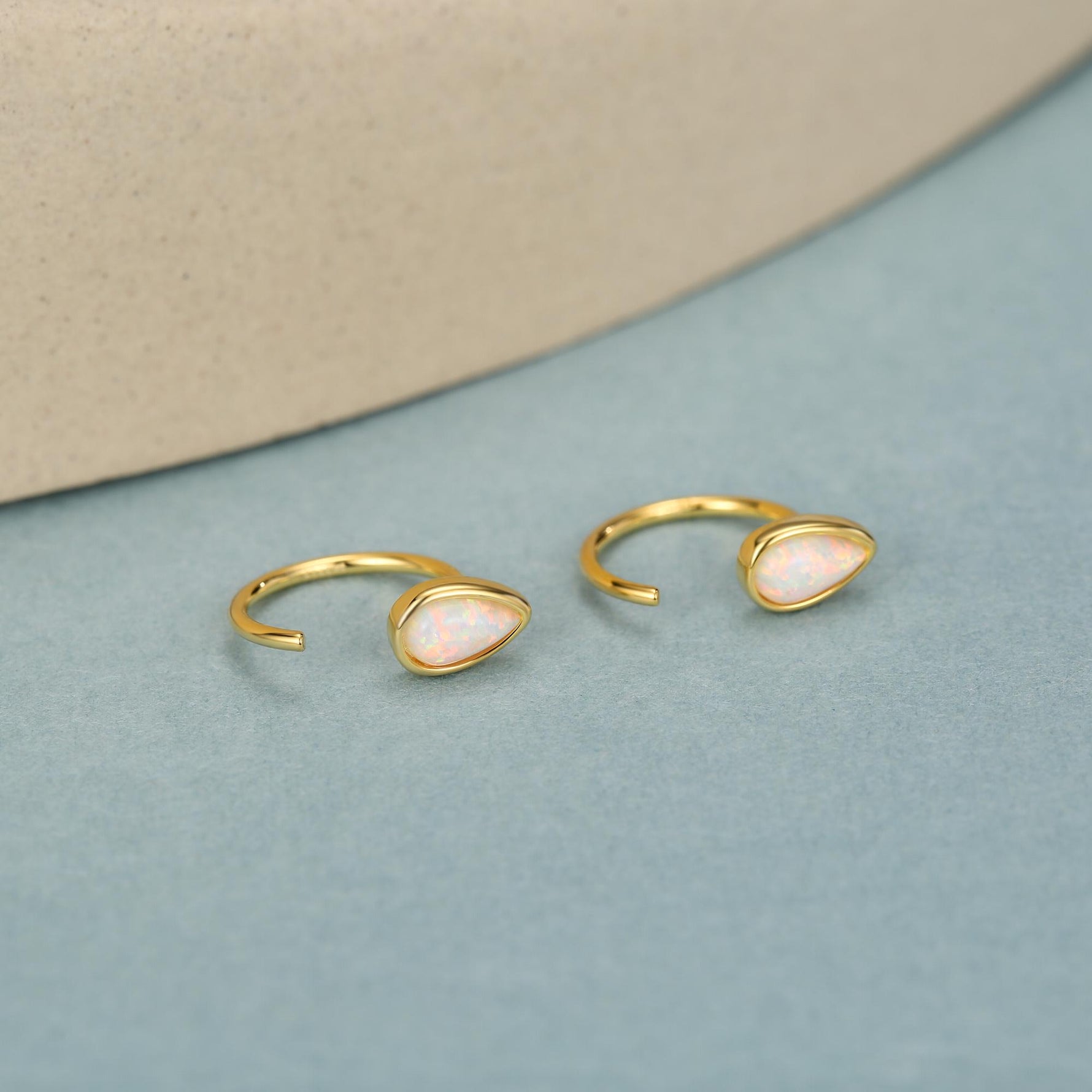 White Opal Droplet Opal Huggie Hoop Earrings in Sterling Silver, Opal Open Hoops, Opal Pull Through Threaders, Half Hoops, C Shape Hoops