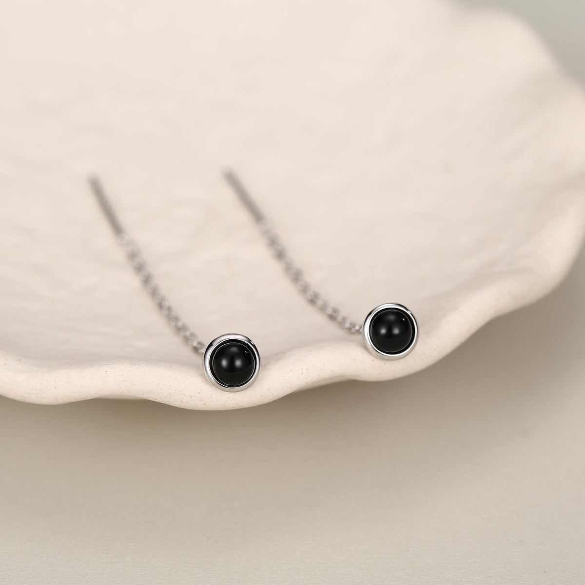 Genuine Black Onyx Dot Threader Earrings in Sterling Silver, Natural Black Onyx Ear Threaders, Silver or Gold, Chain Earrings