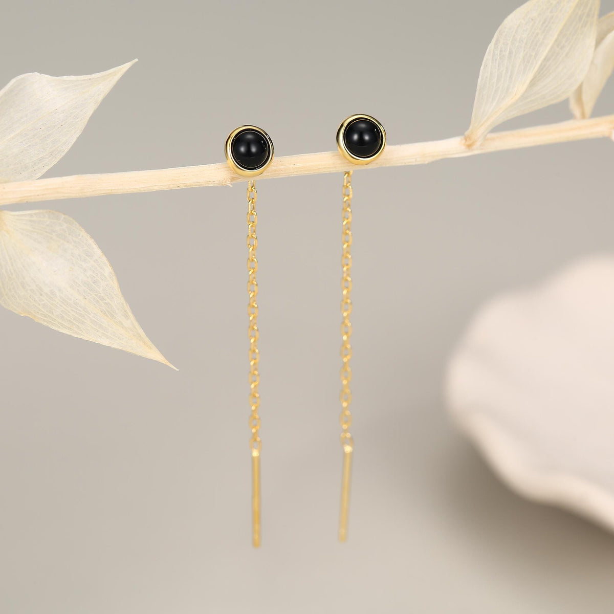 Genuine Black Onyx Dot Threader Earrings in Sterling Silver, Natural Black Onyx Ear Threaders, Silver or Gold, Chain Earrings