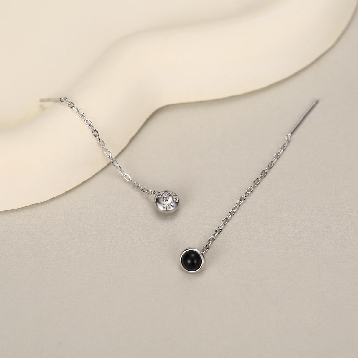 Genuine Black Onyx Dot Threader Earrings in Sterling Silver, Natural Black Onyx Ear Threaders, Silver or Gold, Chain Earrings