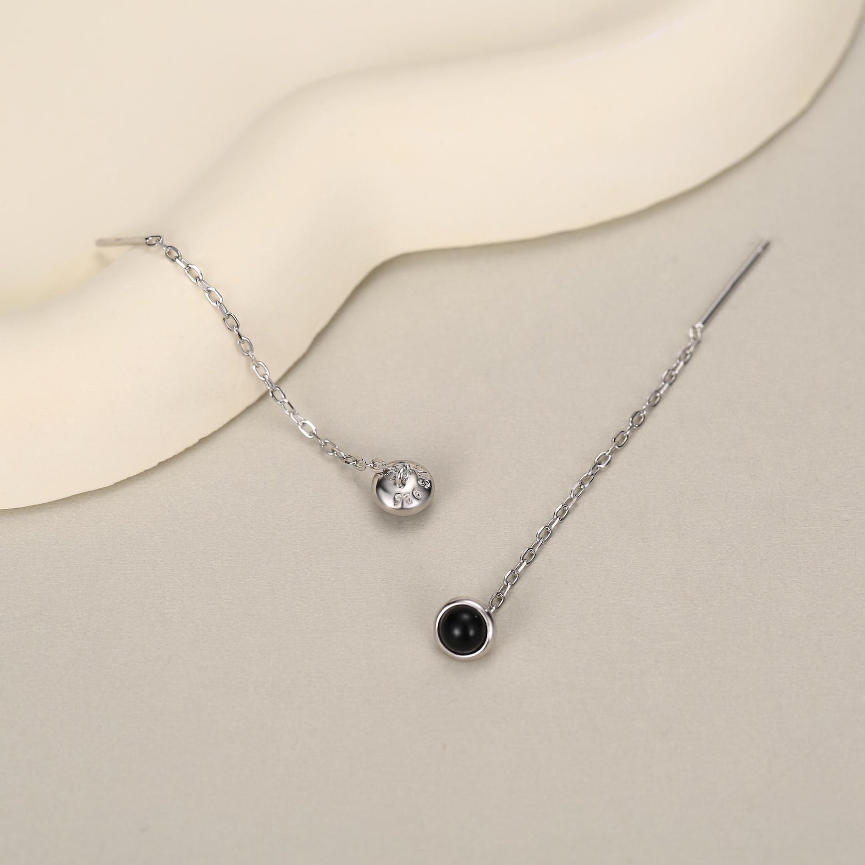 Genuine Black Onyx Dot Threader Earrings in Sterling Silver, Natural Black Onyx Ear Threaders, Silver or Gold, Chain Earrings
