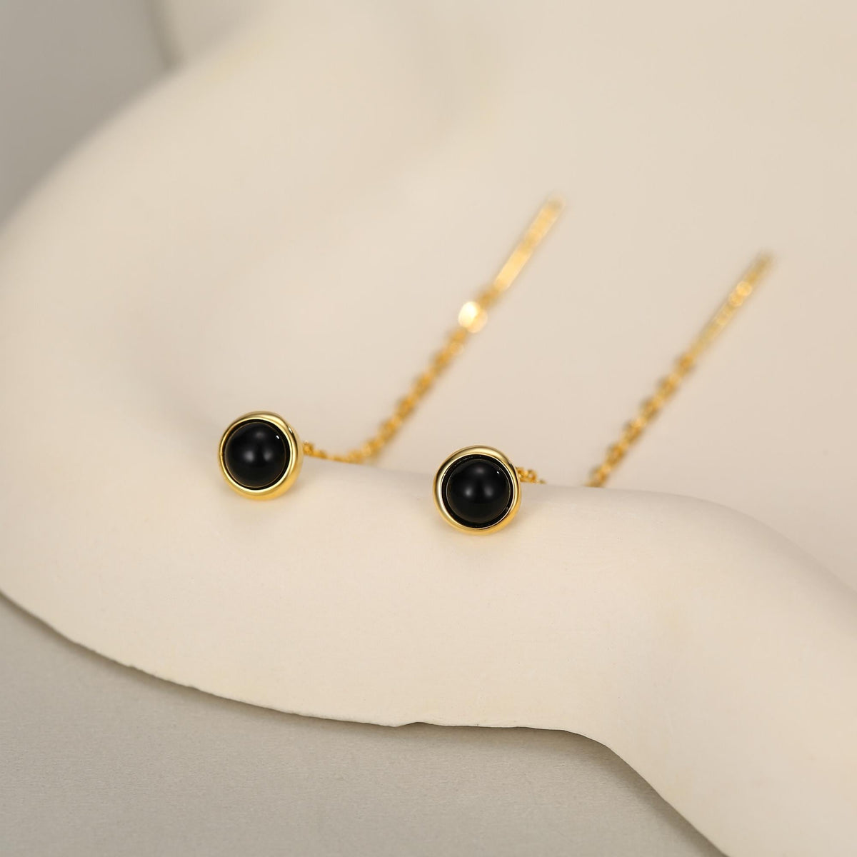 Genuine Black Onyx Dot Threader Earrings in Sterling Silver, Natural Black Onyx Ear Threaders, Silver or Gold, Chain Earrings