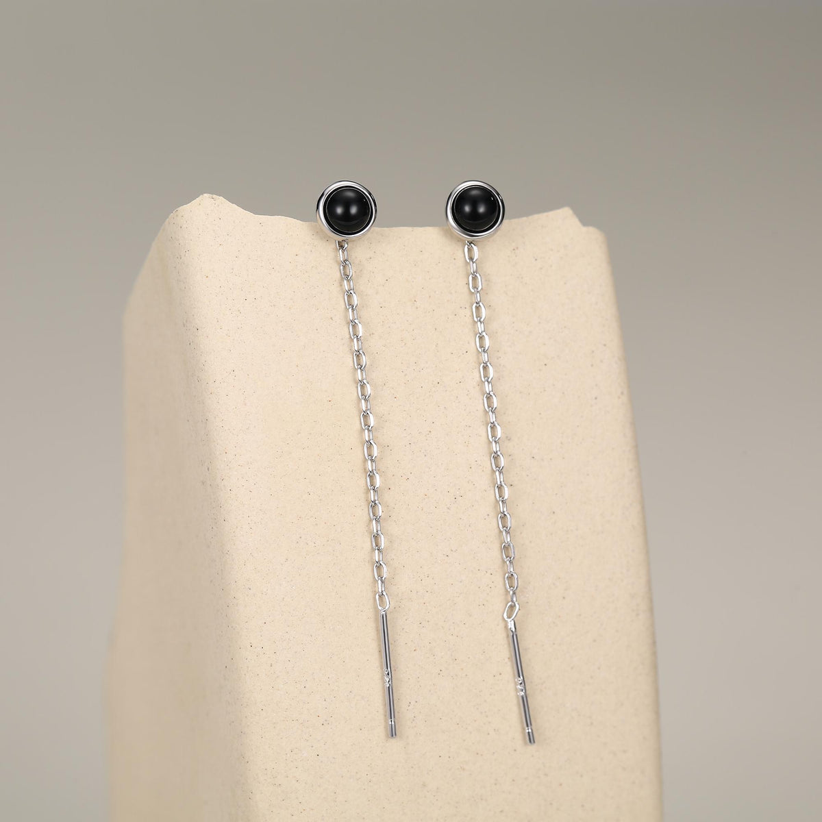 Genuine Black Onyx Dot Threader Earrings in Sterling Silver, Natural Black Onyx Ear Threaders, Silver or Gold, Chain Earrings