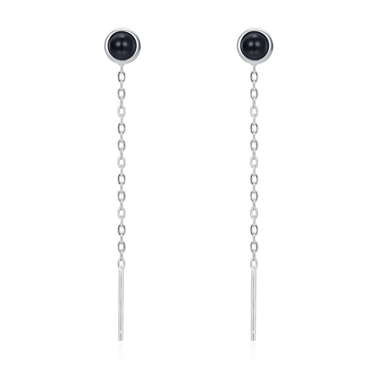 Genuine Black Onyx Dot Threader Earrings in Sterling Silver, Natural Black Onyx Ear Threaders, Silver or Gold, Chain Earrings