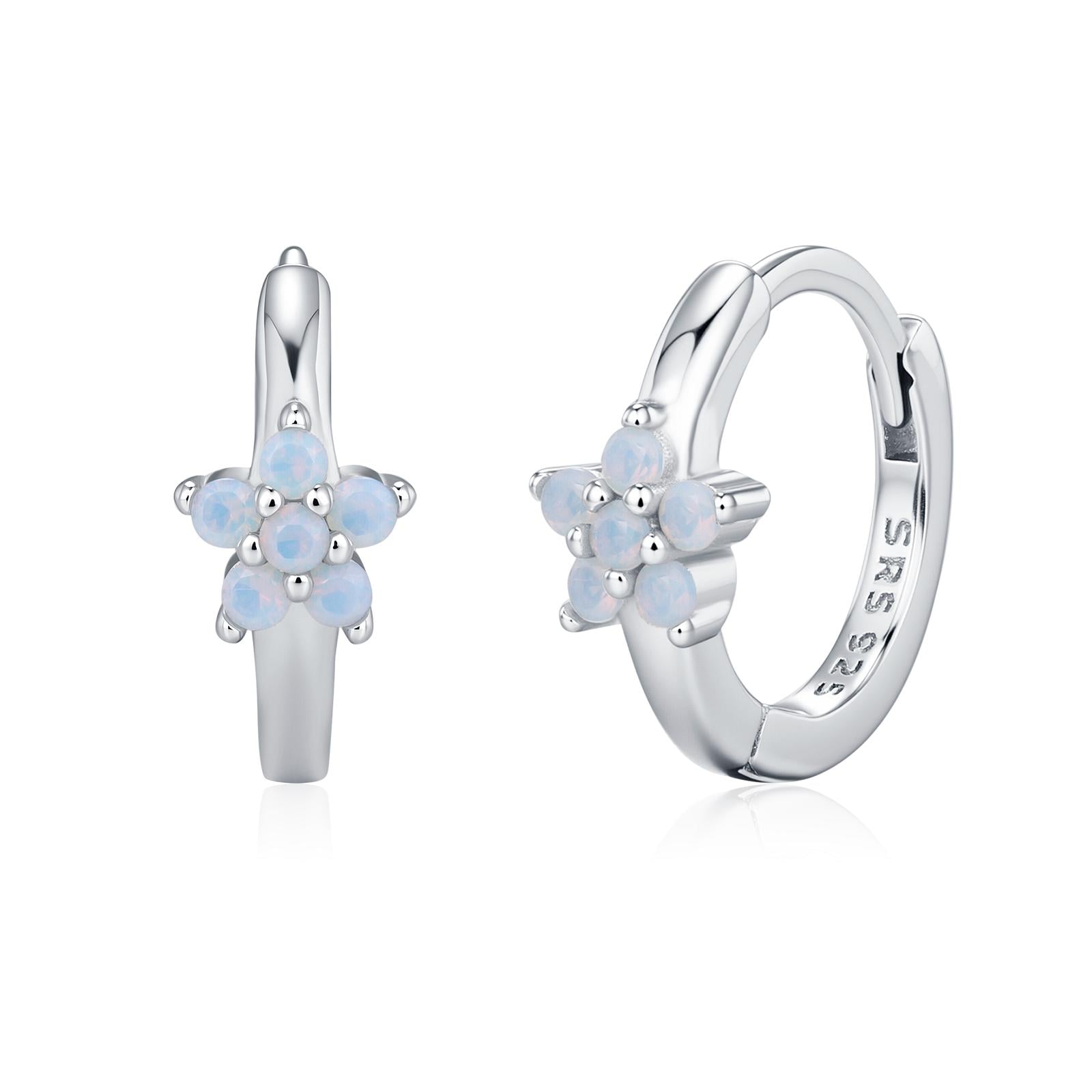 Opal Blue CZ Flower Huggie Hoop in Sterling Silver, Silver or Gold, Delicate Flower CZ Hoops, Tiny Flower Hoops, Tiny CZ Hoops