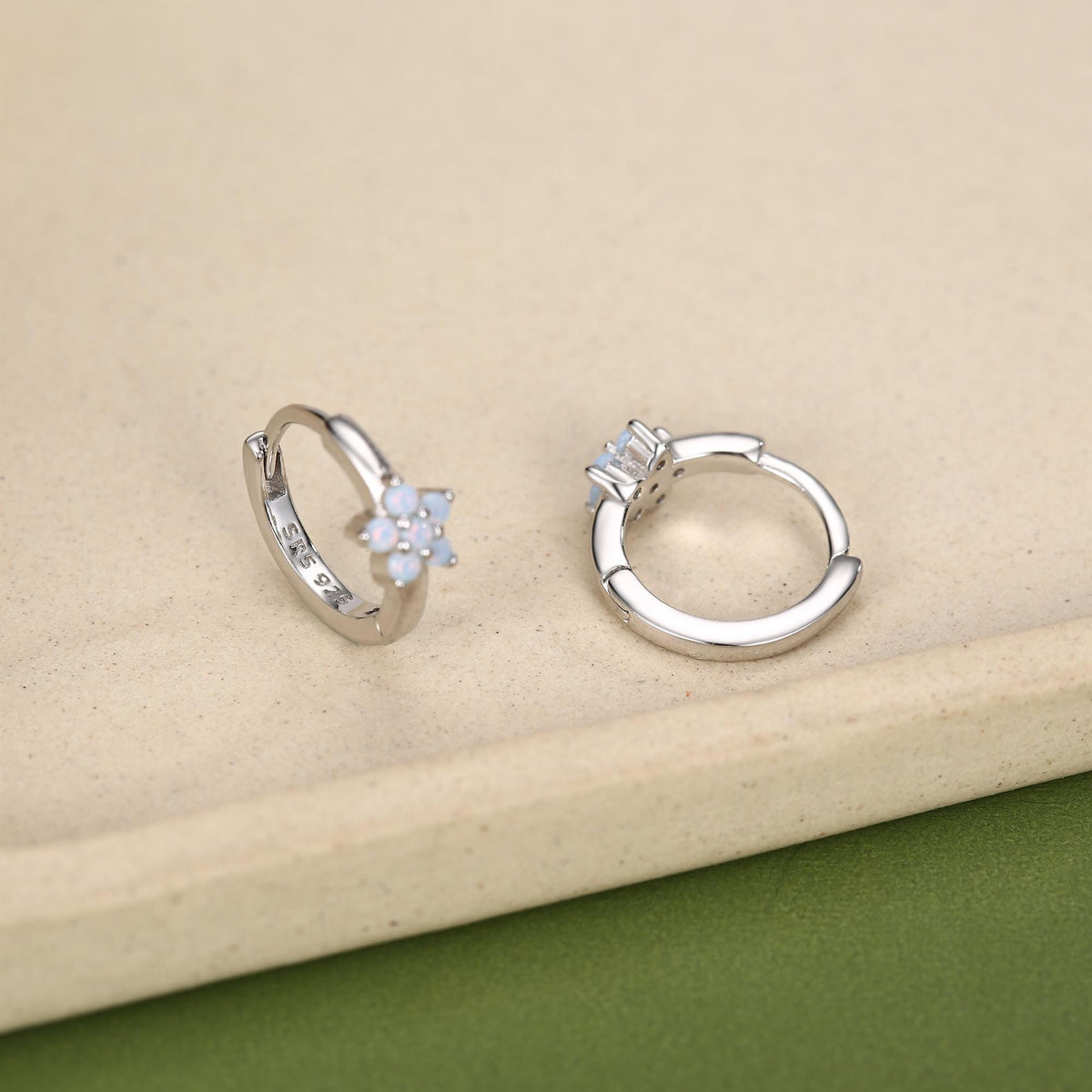 Opal Blue CZ Flower Huggie Hoop in Sterling Silver, Silver or Gold, Delicate Flower CZ Hoops, Tiny Flower Hoops, Tiny CZ Hoops