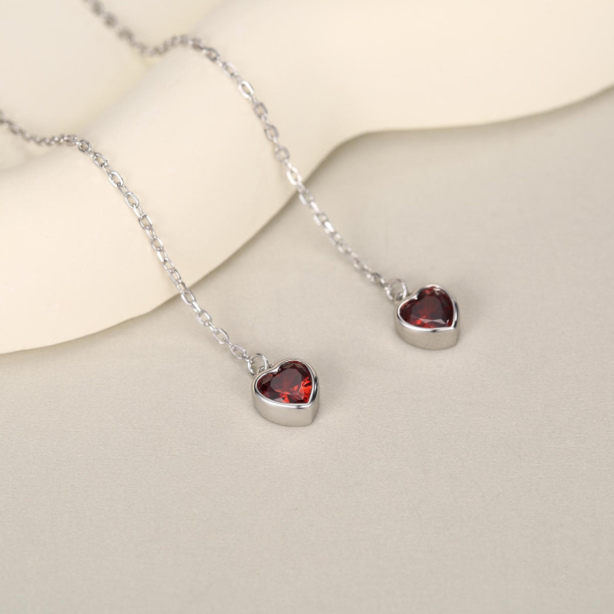 Tiny Garnet Red CZ Heart Threader Earrings in Sterling Silver, 9cm, Silver or Gold, Dainty Heart Ear Threaders, Delicate Heart Threaders