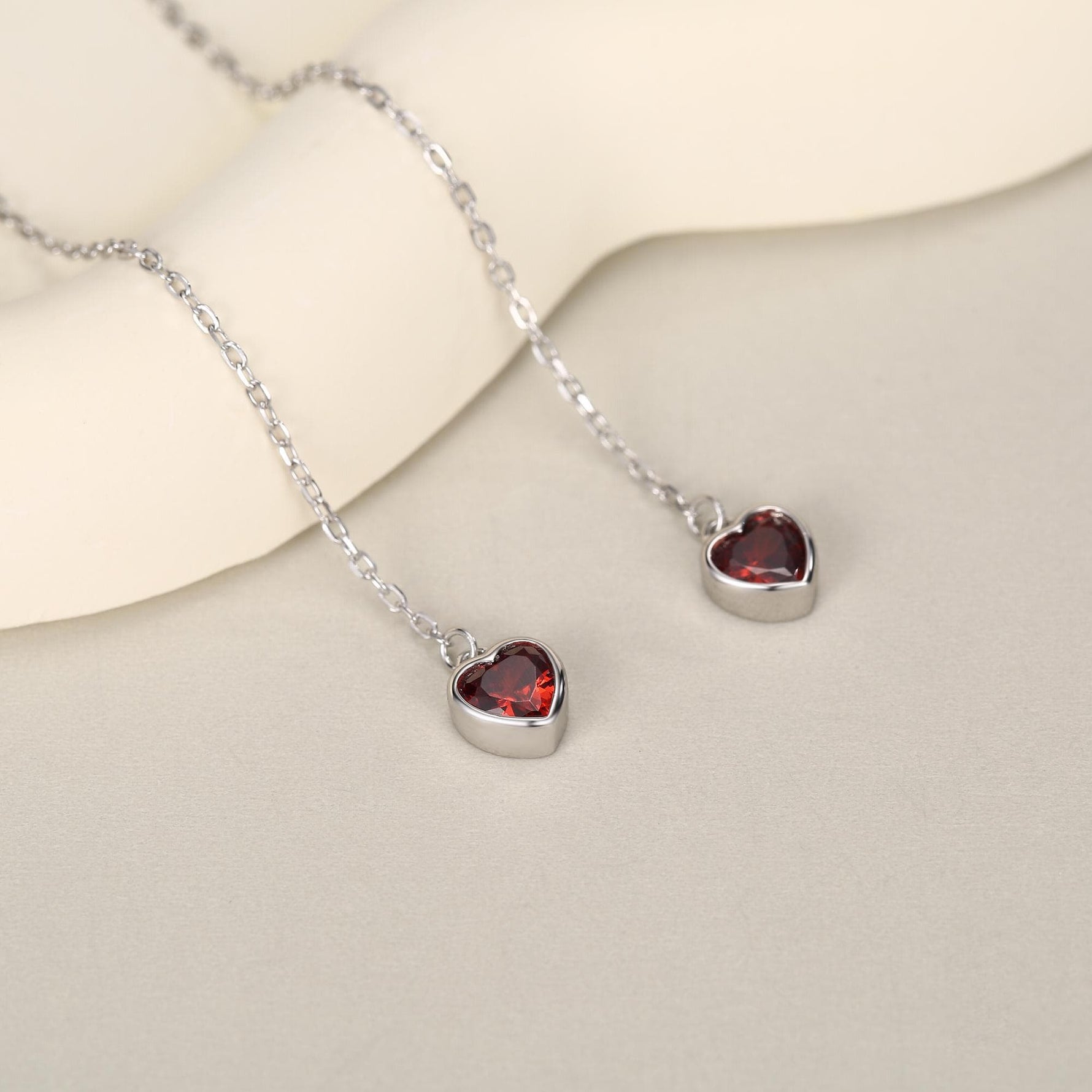 Tiny Garnet Red CZ Heart Threader Earrings in Sterling Silver, 9cm, Silver or Gold, Dainty Heart Ear Threaders, Delicate Heart Threaders