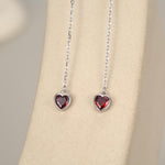 Tiny Garnet Red CZ Heart Threader Earrings in Sterling Silver, 9cm, Silver or Gold, Dainty Heart Ear Threaders, Delicate Heart Threaders